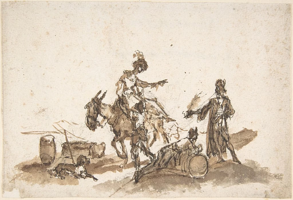 Uomo che aiuta una donna a montare a cavallo, con altre due figure e un cane - Metropolitan Museum of Art, New York